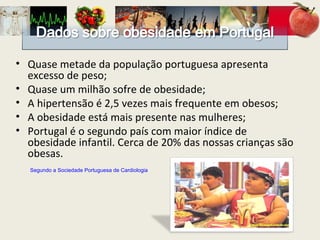 Quase metade da população portuguesa apresenta excesso de peso; Quase um milhão sofre de obesidade; A hipertensão é 2,5 vezes mais frequente em obesos; A obesidade está mais presente nas mulheres; Portugal é o segundo país com maior índice de obesidade infantil. Cerca de 20% das nossas crianças são obesas. Segundo a Sociedade Portuguesa de Cardiologia 
