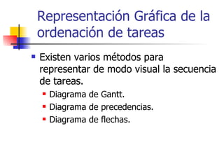 Representación Gráfica de la ordenación de tareas <ul><li>Existen varios métodos para representar de modo visual la secuen...