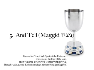 5. And Tell (Maggid ‫)מגיד‬


                   Blessed are You, God, Spirit of the Universe,
                                     who creates the fruit of the vine.
             ‫.ָּברּוְ אַ ָּתה יי אֱֹלֵהינּו מֶלְֶ ָהעֹוָלם ּבֹוֵרא ּפְִרי הַגֶָפן‬
Baruch Atah Adonai Eloheinu melech ha’olam borei pri hagafen.
 