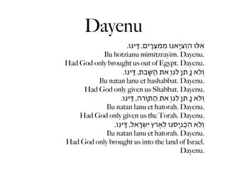 Dayenu
                         .‫אִּלּו הֹוִציָאּנו מִּמִצְָרִים, ּדֵַּיּנו‬
           Ilu hotzianu mimitzrayim. Dayenu.
Had God only brought us out of Egypt. Dayenu.
                    .‫וְֹלא נָ ַתן ָלּנו ֶאת הַּׁשַָּבת, ּדֵַּיּנו‬
         Ilu natan lanu et hashabbat. Dayenu.
     Had God only given us Shabbat. Dayenu.
                   .‫וְֹלא נָ ַתן ָלּנו ֶאת הַּתֹוָרה, ּדֵַּיּנו‬
            Ilu natan lanu et hatorah. Dayenu.
    Had God only given us the Torah. Dayenu.
               .‫וְֹלא הִכְִניָסּנו לְאֶֶרץ יִׂשְָרֵאל, ּדֵַּיּנו‬
            Ilu natan lanu et hatorah. Dayenu.
Had God only brought us into the land of Israel.
                                                        Dayenu.
 