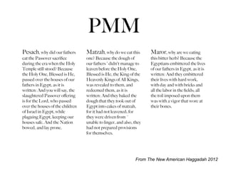 PMM
Pesach, why did our fathers       Matzah, why do we eat this         Maror, why are we eating
eat the Passover sacriﬁce         one? Because the dough of          this bitter herb? Because the
during the era when the Holy      our fathers ' didn't manage to     Egyptians embittered the lives
Temple still stood? Because       leaven before the Holy One,        of our fathers in Egypt, as it is
the Holy One, Blessed is He,      Blessed is He, the King of the     written: And they embittered
passed over the houses of our     Heavenly Kings of All Kings,       their lives with hard work,
fathers in Egypt, as it is        was revealed to them, and          with day and with bricks and
written: And you will say, the    redeemed them, as it is            all the labor in the ﬁelds; all
slaughtered Passover oﬀering      written: And they baked the        the toil imposed upon them
is for the Lord, who passed       dough that they took out of        was with a vigor that wore at
over the houses of the children   Egypt into cakes of matzah,        their bones.
of Israel in Egypt, while         for it had not leavened; for
plaguing Egypt, keeping our       they were driven from ~
houses safe. And the Nation       unable to linger, and also, they
bowed, and lay prone.             had not prepared provisions
                                  for themselves.




                                                              From The New American Haggadah 2012
 