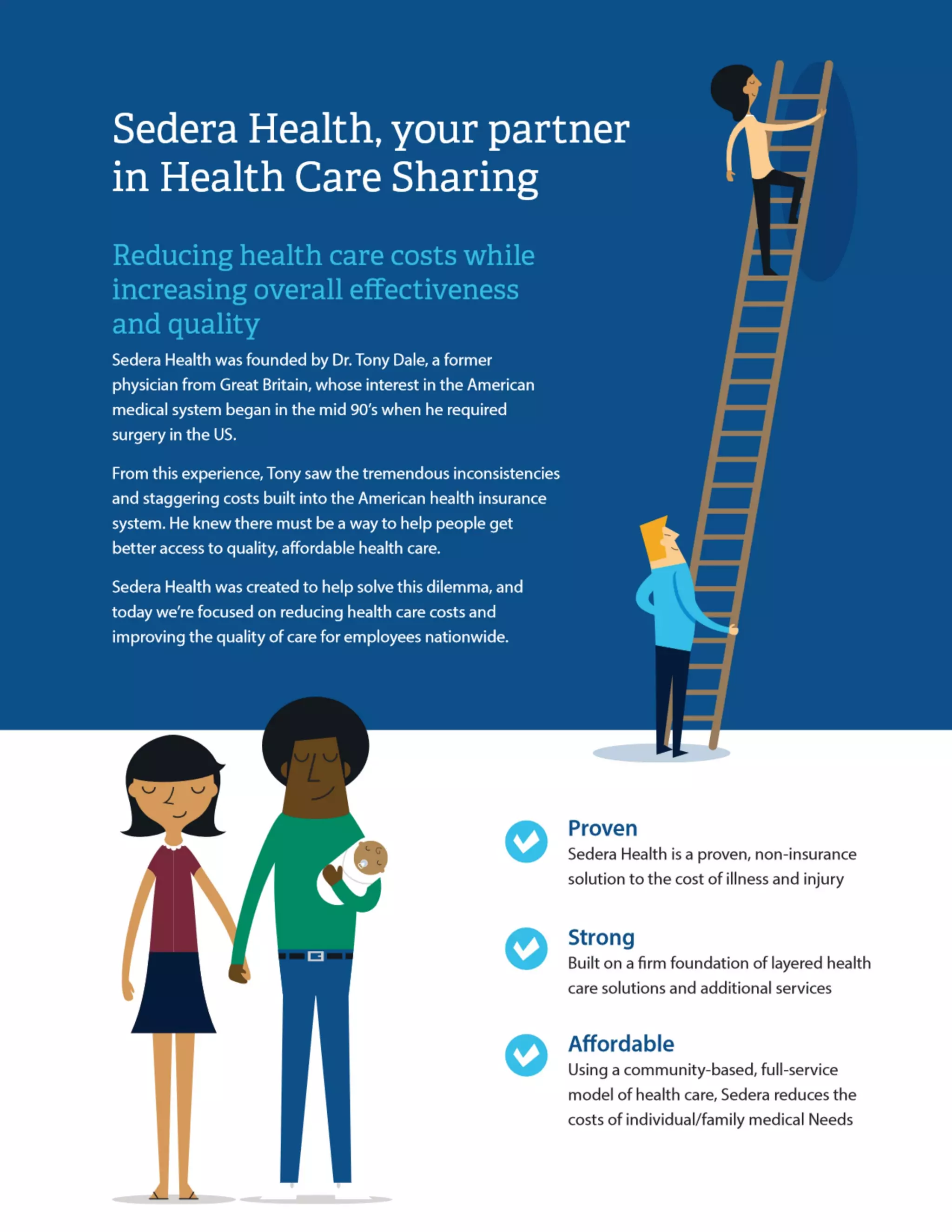 Sedera Health – Your partner
in Health Care Sharing
Reducing health care costs while increasing
overall effectiveness and impact
Sedera Health was founded by Dr. Tony Dale, a former physician
from Great Britain whose interest in the American medical system
began in the mid 90’s when he required surgery in the U.S.
From this experience, Tony saw the tremendous inconsistencies
and staggering cost built into the American health insurance
system. He knew there must be a way to help people get better
access to quality, affordable health care.
Sedera Health was created to help solve this dilemma, and today
we’re focused on reducing health care costs and improving the
quality of care for employees nationwide.
Proven
Sedera Health is a proven, non-insurance
solution to the cost of illness and injury
Strong
Built on a firm foundation of layered health
care solutions and additional services
Affordable
Using a community-based, full-service model
of health care, Sedera reduces the costs of
individual/family medical Needs
 