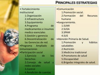 • Fortalecimiento
institucional
1.Organización
2.Infraestructura
3.Equipamiento
4.Programa de
medicamentos e insumos
medico esenciales
5.Gestión y gerencia
6.Descentralización de
las Gerencias de red.
•Programa Ampliado de
inmunizaciones
•Participación social
1.Ejercicio de los
Derechos
2.Consejo de salud y
redes sociales
3.Control
4.Rendición de cuentas
PRINCIPALES ESTRATEGIAS
•Comunicación
1.Promoción social.
2.Formación del Recursos
humano
•Aseguramiento.
1.SUMI
2.SUSA
3.SPAM
4.SUS
•Atención Primaria de Salud.
1.Promoción y hábitos
saludables
2.Nutrición
3.Medicina tradicional
4.Promotores de salud
5.Discapacidad
6.Brigadas integrales de salud.
 