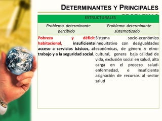 DETERMINANTES Y PRINCIPALES
PROBLEMAS
ESTRUCTURALES
Problema determinante
percibido
Problema determinante
sistematizado
Pobreza y déficit
habitacional, insuficiente
acceso a servicios básicos, al
trabajo y a la seguridad social.
Sistema socio-económico
inequitativo con desigualdades
económicas, de género y etno-
cultural, genera baja calidad de
vida, exclusión social en salud, alta
carga en el proceso salud-
enfermedad, e insuficiente
asignación de recursos al sector
salud
 