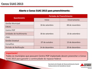 Censo SUAS 2013
Aberto o Censo SUAS 2013 para preenchimento:
Questionário
Gestão Municipal
CREAS

Períodos de Preenchimento
Início

Encerramento

18 de setembro

08 de novembro

30 de setembro

13 de setembro

07 de outubro

13 de dezembro

14 de dezembro

20 de dezembro

Centro POP
Unidades de Acolhimento
CRAS
Gestão Estadual
Conselhos
Período de Retificação

Importante!
Importante!
Todos os municípios que possuem Centro POP implantado devem preencher o Censo
Todos os municípios que possuem Centro POP implantado devem preencher o Censo
SUAS 2013 para garantir aacontinuidade do repasse federal.
SUAS 2013 para garantir continuidade do repasse federal.
Secretaria de Estado de Desenvolvimento Social
Subsecretaria de Assistência Social

 