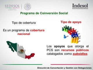 Programa de Coinversión Social


     Tipo de cobertura                         Tipo de apoyo

Es un programa de cobertura
          nacional


                                  Los apoyos que otorga el
                                  PCS son recursos públicos
                                  catalogados como subsidios.



                         Dirección de Concertación y Gestión con Delegaciones
 
