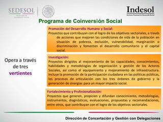 Programa de Coinversión Social
                    Promoción del Desarrollo Humano y Social:
                    Proyectos que contribuyan con el logro de los objetivos sectoriales, a través
                         de acciones que mejoren las condiciones de vida de la población en
                         situación de pobreza, exclusión, vulnerabilidad, marginación o
                         discriminación y fomenten el desarrollo comunitario y el capital
                         social.
                    Investigación:
Opera a través      Proyectos dirigidos al mejoramiento de las capacidades, conocimientos,
   de tres          habilidades y metodologías de organización y gestión de los Actores
                    Sociales, así como el equipamiento y mejoramiento de infraestructura.
 vertientes         Incluye la promoción de la participación ciudadana en las políticas públicas,
                    los procesos de articulación con los tres órdenes de gobierno y la
                    generación de sinergias para un mayor impacto social.

                    Fortalecimiento y Profesionalización:
                    Proyectos que generen, propicien y difundan conocimiento, metodologías,
                    instrumentos, diagnósticos, evaluaciones, propuestas y recomendaciones,
                    entre otros, que contribuyan con el logro de los objetivos sectoriales.


                               Dirección de Concertación y Gestión con Delegaciones
 