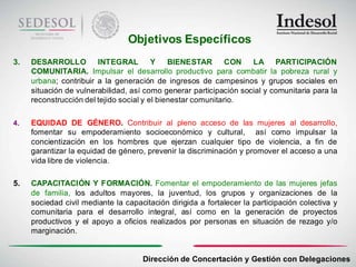 Objetivos Específicos
3.   DESARROLLO         INTEGRAL         Y    BIENESTAR       CON   LA PARTICIPACIÓN
     COMUNITARIA. Impulsar el desarrollo productivo para combatir la pobreza rural y
     urbana; contribuir a la generación de ingresos de campesinos y grupos sociales en
     situación de vulnerabilidad, así como generar participación social y comunitaria para la
     reconstrucción del tejido social y el bienestar comunitario.

4.   EQUIDAD DE GÉNERO. Contribuir al pleno acceso de las mujeres al desarrollo,
     fomentar su empoderamiento socioeconómico y cultural, así como impulsar la
     concientización en los hombres que ejerzan cualquier tipo de violencia, a fin de
     garantizar la equidad de género, prevenir la discriminación y promover el acceso a una
     vida libre de violencia.

5.   CAPACITACIÓN Y FORMACIÓN. Fomentar el empoderamiento de las mujeres jefas
     de familia, los adultos mayores, la juventud, los grupos y organizaciones de la
     sociedad civil mediante la capacitación dirigida a fortalecer la participación colectiva y
     comunitaria para el desarrollo integral, así como en la generación de proyectos
     productivos y el apoyo a oficios realizados por personas en situación de rezago y/o
     marginación.


                                     Dirección de Concertación y Gestión con Delegaciones
 