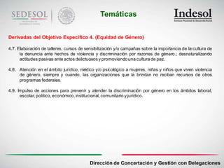 Temáticas

Derivadas del Objetivo Específico 4. (Equidad de Género)

4.7. Elaboración de talleres, cursos de sensibilización y/o campañas sobre la importancia de la cultura de
      la denuncia ante hechos de violencia y discriminación por razones de género.; desnaturalizando
      actitudes pasivas ante actos delictuosos y promoviendo una cultura de paz.

4.8. Atención en el ámbito jurídico, médico y/o psicológico a mujeres, niñas y niños que viven violencia
     de género, siempre y cuando, las organizaciones que la brindan no reciban recursos de otros
     programas federales.

4.9. Impulso de acciones para prevenir y atender la discriminación por género en los ámbitos laboral,
      escolar, político, económico, institucional, comunitario y jurídico.




                                          Dirección de Concertación y Gestión con Delegaciones
 