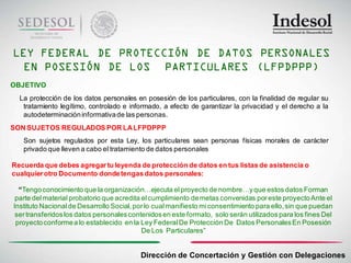 LEY FEDERAL DE PROTECCIÓN DE DATOS PERSONALES
  EN POSESIÓN DE LOS PARTICULARES (LFPDPPP)
OBJETIVO
  La protección de los datos personales en posesión de los particulares, con la finalidad de regular su
   tratamiento legítimo, controlado e informado, a efecto de garantizar la privacidad y el derecho a la
   autodeterminación informativa de las personas.
SON SUJETOS REGULADOS POR LA LFPDPPP
   Son sujetos regulados por esta Ley, los particulares sean personas físicas morales de carácter
   privado que lleven a cabo el tratamiento de datos personales

Recuerda que debes agregar tu leyenda de protección de datos en tus listas de asistencia o
cualquier otro Documento donde tengas datos personales:

  “Tengo conocimiento que la organización…ejecuta el proyecto de nombre…y que estos datos Forman
 parte del material probatorio que acredita el cumplimiento de metas convenidas por este proyecto Ante el
Instituto Nacional de Desarrollo Social, por lo cual manifiesto mi consentimiento para ello, sin que puedan
 ser transferidos los datos personales contenidos en este formato, solo serán utilizados para los fines Del
 proyecto conforme a lo establecido en la Ley Federal De Protección De Datos Personales En Posesión
                                            De Los Particulares”


                                          Dirección de Concertación y Gestión con Delegaciones
 