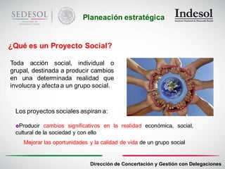 Planeación estratégica


¿Qué es un Proyecto Social?

Toda acción social, individual o
grupal, destinada a producir cambios
en una determinada realidad que
involucra y afecta a un grupo social.



 Los proyectos sociales aspiran a:

 Producir    cambios significativos en la realidad económica, social,
 cultural de la sociedad y con ello
    Mejorar las oportunidades y la calidad de vida de un grupo social


                              Dirección de Concertación y Gestión con Delegaciones
 