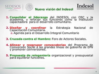 Nueva visión del Indesol

1. Consolidar el liderazgo del INDESOL con OSC y la
   academia, y reforzar sus funciones como la institución
   capacitadora para el desarrollo comunitario.

2. Diseñar y coordinar la Estrategia Nacional             de
   Capacitación Comunitaria.
   a. Agenda para el Desarrollo Integral Comunitario

3. Cruzada contra el Hambre: Foro de Actores Sociales.

4. Alinear y reagrupar convocatorias del Programa de
   Coinversión Social a las grandes líneas de gobierno de EPN
   y promover coinversiones.

5. Propuesta de reingeniería organizacional y presupuestal
   para equilibrar funciones.



                                                                6
 