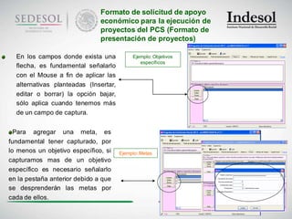 Formato de solicitud de apoyo
                               económico para la ejecución de
                               proyectos del PCS (Formato de
                               presentación de proyectos)

  En los campos donde exista una            Ejemplo: Objetivos
                                               específicos
  flecha, es fundamental señalarlo
  con el Mouse a fin de aplicar las
  alternativas planteadas (Insertar,
  editar o borrar) la opción bajar,
  sólo aplica cuando tenemos más
  de un campo de captura.


  Para agregar una meta, es
fundamental tener capturado, por
lo menos un objetivo específico, si    Ejemplo: Metas
capturamos mas de un objetivo
específico es necesario señalarlo
en la pestaña anterior debido a que
se desprenderán las metas por
cada de ellos.
 