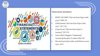 Ашигласан материал:
1. МУИС-ЭЗС-НББТ “Нягтлан бодох бүртгэлийн
үндэс” 2009, УБ
2. Д.Моломжамц “Нягтлан бодох бүртгэлийн
онол” 2017, УБ
3. Д.Эрдэнэсоёл “Нягтлан бодох бүртгэл
(дадлага)” 2017,УБ
4. Larson Wild, Chiappetta “Fundamental
Accounting Principles”16 edition 2002, NY
5. Нягтлан бодох бүртгэлийн тухай Монгол улсын
хууль, 2015
 