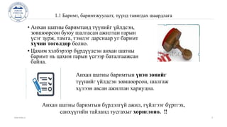 www.islide.cc 6
1.1 Баримт, баримтжуулалт, түүнд тавигдах шаардлага
• Анхан шатны баримтанд түүнийг үйлдсэн,
зөвшөөрсөн буюу шалгасан ажилтан гарын
үсэг зурж, тамга, тэмдэг дарснаар уг баримт
хүчин төгөлдөр болно.
• Цахим хэлбэрээр бүрдүүлсэн анхан шатны
баримт нь цахим гарын үсгээр баталгаажсан
байна.
Анхан шатны баримтын үнэн зөвийг
түүнийг үйлдсэн зөвшөөрсөн, шалгаж
хүлээн авсан ажилтан хариуцна.
Анхан шатны баримтын бүрдэлгүй ажил, гүйлгээг бүртгэх,
санхүүгийн тайланд тусгахыг хориглоно. ‼
 