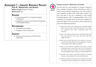 Assessment 1 – Industry Research Project
Part A – Researching your industry
Nature of task: Research Project
Word count: 500
Required
•	 You are required to complete Progress
challenge 1.
•	 Integrate any peer and formative feedback
into finalised version.
Recommended
•	 Complete all activities.
•	 Engage in forum discussion.
Summary
•	 Save your final work as a PDF for final
submission.
Activity
Progress challenge 1: Researching your industry
For this task you are required to conduct research
into a design company within the field you wish to
work in (e.g. a fashion magazine). You may conduct
your research entirely from information online, but
you may like to set up a meeting or start email
correspondence with a representative from that
company to acquire some of the facts needed to
write this report. You must write a short response to
all of the following questions:
•	 What is the name of the company you are researching?
Within which industry to they fall? Why did you choose
this company over similar companies within this
industry?
•	 Who is the director/head of the company? Where did
they work previous to this role, and when did they
begin this role?
•	 What are the other roles within this company, and who
currently fills them? What is their background, and for
how long have they filled this position?
•	 What is the common pathway that these current
employees took to gain their roles at this company?
Did they all start out as interns, or does this company
only hire designers with five years or more experience?
•	 Are there any current vacancies? Propose a strategy
that you could implement to gain these positions.
•	 Does this company participate in any industry events, like
conferences, talks or seminars? If so, where and when?
 