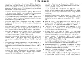 •	 Australian Broadcasting Commission (2013): (Selection
criteria for the appointment of non-executive Directors)
Determination 2013, in The Australian Government Federal
Register of Legislation, https://www.legislation.gov.au/Details/
F2013L02091[7/03/2017 4:08:59 AM]
•	 Australian Broadcasting Commission (2016): ABC Careers
- Developing our Talent, http://www.abc.net.au/careers/
workinghere/developing.htm[7/03/2017 2:51:31 AM]
•	 AustralianBroadcastingCommission(2016):ABCCareers–How
to Apply, in http://www.abc.net.au/careers/applicationtips/
howto.htm[7/03/2017 2:43:20 AM]
•	 Australian Broadcasting Commission (2016): ABC Careers –
Indigenous Employment, http://www.abc.net.au/careers/
indigenous/
•	 Australian Broadcasting Commission (2016): About the ABC –
Michelle Guthrie (BA, LLB), Managing Director, in http://about.
abc.net.au/profile/michelle-guthrie/[7/03/2017 3:00:58 AM]
•	 Australian Broadcasting Commission (2016): Working here
- Meet our People, in http://www.abc.net.au/careers/
workinghere/ourpeople/[7/03/2017 2:50:23 AM]
•	 Australian Broadcasting Corporation (2016): ABC Equity and
Diversity Plan – 2016-2018, http://about.abc.net.au/wp-
content/uploads/2016/12/EquityDiversityPLN2016-18_V1_0.
pdf
•	 Australian Broadcasting Corporation (2016): About the ABC –
Our Editorial Policies, http://about.abc.net.au/how-the-abc-
is-run/what-guides-us/our-editorial-policies/[7/03/2017 2:45:15
AM]
•	 Australian Broadcasting Corporation (2016): Section 8 –
Children and Young People (page 10), in Code of Practice
2011 (Revised in 2016), http://about.abc.net.au/wp-content/
uploads/2016/05/ABCCodeOfPractice2016-1.pdf
•	 Australian Broadcasting Corporation (2017): Jobs &
Portfolio, in The Loop, https://www.theloop.com.au/ABC/
overview[7/03/2017 2:06:16 AM]
•	 Barrett, D (2017): THE “MASONIC” ONE DOLLAR: Fact or
Fiction? In Pietre-Stones Review of Freemasonry, http://www.
freemasons-freemasonry.com/masonic_dollar.html[8/03/2017
4:43:05 AM]
•	 Broadcasting Commission (2016): About the ABC – James
Spigelman (AC, QC), Chairman, in http://about.abc.net.au/
profile/the-hon-james-spigelman-ac-qc/[7/03/2017 3:00:19
AM]
•	 Bryant, K (2012): Current Web Typography Trends in http://
blog.fonts.com/2012/02/07/10-web-typography-trends-to-
watch-in-2012/ (accessed Friday 6th June at 3:11:24 PM)
•	 Chapman, S (2014): 5 big trends in spirits packaging for 2014
in Creative Bloq, http://www.creativebloq.com/branding/
trends-spirits-packaging-2014-31410896
•	 Fandom (2017): Toy Store of Doom | Encyclopaedia
SpongeBobia | Fandom powered by Wikia http://spongebob.
wikia.com/wiki/Toy_Store_of_Doom[8/03/2017 6:22:14 AM]
•	 Federal Register of Legislation (2011): Work Health
and Safety Act, https://www.legislation.gov.au/Series/
C2011A00137[8/03/2017 2:03:51 AM]
•	 Illuminati Symbols (2017): Nickelodeon All-Seeing Eye Pyramid
http://illuminatisymbols.info/nickelodeon-all-seeing-eye/
•	 Illuminati Symbols (2017): SpongeBob Square Pants All Seeing
Eye on Pyramid, http://illuminatisymbols.info/spongebob-
squarepants-all-seeing-eye-on-pyramid/
•	 Intellectual Property Australia (2017): Home Page, https://
www.ipaustralia.gov.au/[6/03/2017 6:58:19 PM]
•	 Jolly,M,Stewart,C,andBrewer,C(2012):EngenderingViolence
in Papua New Guinea, in ANU E-Press, https://ia600705.
R e f e r e n c e s
 