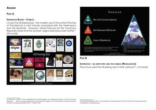 Answer
Part A
Inspiration Board – Symbols
I chose The All-Seeing Eye – the modern use of this symbol (The Eye
of Providence) is most heavily associated with the Freemasons
and the Illuminati. However, David Percival (of the Conscious
Reporter) states that the symbols’ origins date back even further19
.
(42 words).
19 Percival, D (2014): The All-Seeing Eye: Sacred Origins of a Hijacked Symbol, in The Conscious
Reporter http://consciousreporter.com/conspiracy-against-consciousness/corruption-sacred-
symbols-all-seeing-eye/[8/01/2017 12:06:32 AM]
Part B
Inspiration – an artist who uses this symbol (Nickelodeon)
They have used the all-seeing eye in their cartoons20
. (10 words)
20 Illuminati Symbols (2017): Nickelodeon All-Seeing Eye Pyramid http://illuminatisymbols.info/
nickelodeon-all-seeing-eye/
 