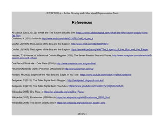 CUVACD501A – Refine Drawing and Other Visual Representation Tools
References
All About God (2015): What are The Seven Deadly Sins http://www.allaboutgod.com/what-are-the-seven-deadly-sins-
faq.htm
Chisholm, K (2015): Mulan in http://www.imdb.com/title/tt0120762/?ref_=tt_rec_tt
Couffer, J (1967): The Legend of the Boy and the Eagle in http://www.imdb.com/title/tt0061904/;
Couffer, J (1967): The Legend of the Boy and the Eagle in https://en.wikipedia.org/wiki/The_Legend_of_the_Boy_and_the_Eagle;
Hoopes, T, & Hoopes, A, in National Catholic Register (2011): The Seven Passion Sins and Virtues, http://www.ncregister.com/site/article/7-
passion-sins-and-virtues/
One Piece Official site - One Piece (2005) - http://www.onepiece.com.au/grandline/
Pokemon/Nintendo (2015): Pokemon Official Site in http://www.pokemon.com/us/
Riordan, H (2009): Legend of the Hopi Boy and Eagle, in YouTube: https://www.youtube.com/watch?v=aMoIGw8ewkk;
Sedgwick, C (2015): 'The Toilet Fights Back' (Blogger), http://sedgieart.blogspot.com.au/
Sedgwick, C (2015): 'The Toilet Fights Back' (YouTube), https://www.youtube.com/watch?v=jOgKIEv5MLU;
Wikipedia (2015): One Piece in https://en.wikipedia.org/wiki/One_Piece;
Wikipedia (2015): Pocahontas (1995 film) in https://en.wikipedia.org/wiki/Pocahontas_(1995_film)
Wikipedia (2015): The Seven Deadly Sins in https://en.wikipedia.org/wiki/Seven_deadly_sins
43 Of 43
 