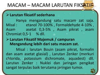 MACAM – MACAM LARUTAN FIKSATIF
Larutan fiksatif sederhana
Hanya mengandung satu macam zat saja.
Misal : etanol 70-100% , Formaldehyde 4-10% ,
Asam asetat 0,3-5% , Asam pikrat , asam
Chromiat 0,5-1 % dll.
Larutan Fiksatif Majemuk / campuran
Mengandung lebih dari satu macam zat.
Misal : larutan Bouin (asam pikrat, formalin
dan asam asetat glasial) , Larutan Zenker (merkuri
chlorida, potassium dichromate, aquadest) dll.
Larutan Zenker : Nuklei dan jaringan pengikat
sangat terpulas baik terutama jaringan tumor.
 