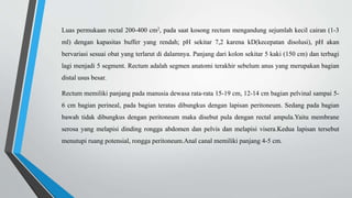 Luas permukaan rectal 200-400 cm2, pada saat kosong rectum mengandung sejumlah kecil cairan (1-3
ml) dengan kapasitas buffer yang rendah; pH sekitar 7,2 karena kD(kecepatan disolusi), pH akan
bervariasi sesuai obat yang terlarut di dalamnya. Panjang dari kolon sekitar 5 kaki (150 cm) dan terbagi
lagi menjadi 5 segment. Rectum adalah segmen anatomi terakhir sebelum anus yang merupakan bagian
distal usus besar.
Rectum memiliki panjang pada manusia dewasa rata-rata 15-19 cm, 12-14 cm bagian pelvinal sampai 5-
6 cm bagian perineal, pada bagian teratas dibungkus dengan lapisan peritoneum. Sedang pada bagian
bawah tidak dibungkus dengan peritoneum maka disebut pula dengan rectal ampula.Yaitu membrane
serosa yang melapisi dinding rongga abdomen dan pelvis dan melapisi visera.Kedua lapisan tersebut
menutupi ruang potensial, rongga peritoneum.Anal canal memiliki panjang 4-5 cm.
 