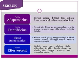 • Serbuk ringan, bebas dari butiran
kasar dan dimaksudkan untuk obat luar.
Pulvis
Adspersorius
• Serbuk gigi biasanya menggunakan carmin
sebagai pewarna yang dilarutkan terlebih
dahulu.
Pulvis
Dentifricius
Pulvis
sternutatorius
• Serbuk bersin yang penggunaannya dihisap
melalui hidung, sehingga serbuk tersebut
harus halus sekali
Pulvis
Effervescent
Serbuk biasa yang sebelum ditelan
dilarutkan terlebih dahulu dalam air
dingin atau hangat sehingga akan
mengeluarkan gas CO2.
SERBUK
 