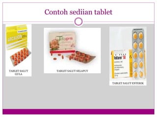 Contoh sediian tablet
TABLET SALUT
GULA
TABLET SALUT SELAPUT
TABLET SALUT ENTERIK
 