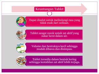 Keuntungan Tablet
Dapat disalut untuk melindungi rasa yang
tidak enak dari sediaan.
Tablet sangat cocok untuk zat aktif yang
sukar larut dalam air.
Volume dan bentuknya kecil sehingga
mudah dibawa dan disimpan.
Tablet tersedia dalam bentuk kering
sehingga kestabilan zat aktif lebih terjaga.
 