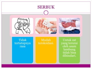 SERBUK
Tidak
tertutupnya
rasa
Mudah
teroksidasi.
Untuk zat
yang terurai
oleh asam
lambung
tidak bisa
dihindari.
 