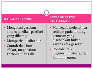 BAHAN PELINCIR
ANTIADHERENT
(ANTILEKAT)
 Mengatasi gesekan
antara partikel-partikel
yang dikempa
 Memperbaiki sifat alir
 Contoh :kalsium
silikat, magnesium
karbonat dan talk
 Mencegah melekatnya
sediaan pada dinding
kemasan yang
disebabkan bukan
karena efek gesekan
 Contoh : talk,
magnesium stearat dan
amilum jagung
 