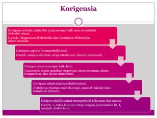 Korigensia
Corrigens actionis, yaitu obat yang memperbaiki atau menambah
efek obat utama.
Contoh : Magnesium Hidroksida dan Aluminium Hidroksida
dalam antasida
Corrigens saporis (memperbaiki rasa).
Contoh: sirupus simpleks, sirup auratiorum, tincture cinamomi.
Corrigen odoris (memperbaiki bau).
Contohnya: oleum menthae pipperitae, oleum rosarum, oleum
bergamottae, dan oleum cinnamomi.
Corrigens coloris (memperbaiki warna).
Contohnya: tincture croci (kuning), caramel (cokelat) dan
karminum (merah).
Corigen solubilis untuk memperbaiki kelarutan obat utama.
Contoh : I2 tidak larut air, tetapi dengan penambahan KI, I2
menjadi mudah larut.
 
