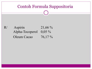Contoh Formula Suppositoria
R/ Aspirin 21,66 %
Alpha-Tocoperol 0,05 %
Oleum Cacao 76,17 %
 