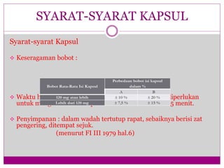 Syarat-syarat Kapsul
 Keseragaman bobot :
 Waktu hancur : kecuali dinyatakan lain, waktu yang diperlukan
untuk menghancurkan kapsul tidak boleh lebih dari 15 menit.
 Penyimpanan : dalam wadah tertutup rapat, sebaiknya berisi zat
pengering, ditempat sejuk.
(menurut FI III 1979 hal.6)
SYARAT-SYARAT KAPSUL
 