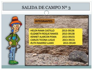 SALIDA DE CAMPO Nº 3
INTEGRANTES:
-HELEN RAMA CASTILLO 2013-39136
-ELIZABETH ROQUE RAMOS 2013-39138
-KENNET ALARCON POMA 2013-39155
-CARLOS TICONA LUQUE 2013-39131
-RUTH RAMIREZ LLANO 2013-39149
 