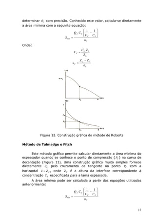 determinar θ C com precisão. Conhecido este valor, calcula-se diretamente
a área mínima com a seguinte equação:
                                            1    1 
                                    QA C A 
                                           C  −    
                                            C   CE 
                                                    
                          S min   =
                                            uC
Onde:
                                          C0 Z 0
                                   CC =
                                           Z iC
                                         Z iC − Z C
                                  uC =
                                            θC




           Figura 12. Construção gráfica do método de Roberts

Método de Talmadge e Fitch

     Este método gráfico permite calcular diretamente a área mínima do
espessador quando se conhece o ponto de compressão ( PC ) na curva de
decantação (Figura 13). Uma construção gráfica muito simples fornece
diretamente θ E pelo cruzamento da tangente no ponto PC com a
horizontal Z = Z E , onde Z E é a altura da interface correspondente à
concentração C E especificada para a lama espessada.
      A área mínima pode ser calculada a partir das equações utilizadas
anteriormente:
                                            1   1 
                                    QA C A 
                                           C − C  
                          S min   =         C    E 

                                            uC


                                                                       17
 