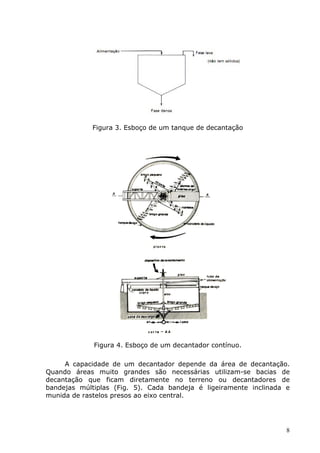 Figura 3. Esboço de um tanque de decantação




             Figura 4. Esboço de um decantador contínuo.

     A capacidade de um decantador depende da área de decantação.
Quando áreas muito grandes são necessárias utilizam-se bacias de
decantação que ficam diretamente no terreno ou decantadores de
bandejas múltiplas (Fig. 5). Cada bandeja é ligeiramente inclinada e
munida de rastelos presos ao eixo central.




                                                                   8
 