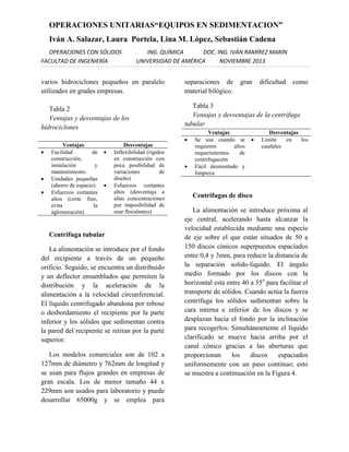 OPERACIONES UNITARIAS“EQUIPOS EN SEDIMENTACION”
Iván A. Salazar, Laura Portela, Lina M. López, Sebastián Cadena
OPERACIONES CON SÓLIDOS
FACULTAD DE INGENIERÍA

ING. QUÍMICA
DOC. ING. IVÁN RAMÍREZ MARÍN
UNIVERSIDAD DE AMÉRICA
NOVIEMBRE 2013

varios hidrociclones pequeños en paralelo
utilizados en grades empresas.

separaciones de
material bilógico.

Tabla 2
Ventajas y desventajas de los
hidrociclones

Tabla 3
Ventajas y desventajas de la centrifuga
tubular







Ventajas
Facilidad
de
construcción,
instalación
y
mantenimiento.
Unidades pequeñas
(ahorro de espacio)
Esfuerzos cortantes
altos (corte fino,
evita
la
aglomeración)





Desventajas
Inflexibilidad (rígidos
en construcción con
poca posibilidad de
variaciones
de
diseño)
Esfuerzos cortantes
altos (desventaja a
altas concentraciones
por imposibilidad de
usar floculantes)

Centrifuga tubular
La alimentación se introduce por el fondo
del recipiente a través de un pequeño
orificio. Seguido, se encuentra un distribuido
y un deflector ensamblados que permiten la
distribución y la aceleración de la
alimentación a la velocidad circunferencial.
El líquido centrifugado abandona por rebose
o desbordamiento el recipiente por la parte
inferior y los sólidos que sedimentan contra
la pared del recipiente se retiran por la parte
superior.
Los modelos comerciales son de 102 a
127mm de diámetro y 762mm de longitud y
se usan para flujos grandes en empresas de
gran escala. Los de menor tamaño 44 x
229mm son usados para laboratorio y puede
desarrollar 65000g y se emplea para



gran

Ventajas
Se usa cuando se
requieren
altos
requerimientos
de
centrifugación.
Fácil desmontado y
limpieza



dificultad

como

Desventajas
Limite
en
los
caudales

Centrifugas de disco
La alimentación se introduce próxima al
eje central, acelerando hasta alcanzar la
velocidad establecida mediante una especie
de eje sobre el que están situados de 50 a
150 discos cónicos superpuestos espaciados
entre 0,4 y 3mm, para reducir la distancia de
la separación solido-liquido. El ángulo
medio formado por los discos con la
horizontal esta entre 40 a 55o para facilitar el
transporte de sólidos. Cuando actúa la fuerza
centrífuga los sólidos sedimentan sobre la
cara interna e inferior de los discos y se
desplazan hacia el fondo por la inclinación
para recogerlos. Simultáneamente el líquido
clarificado se mueve hacia arriba por el
canal cónico gracias a las aberturas que
proporcionan
los
discos
espaciados
uniformemente con un paso continuo; esto
se muestra a continuación en la Figura 4.

 
