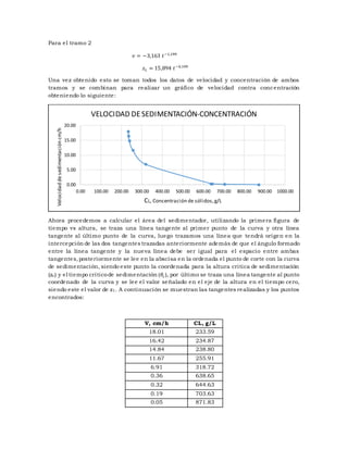 Para el tramo 2
𝑣 = −3,163 𝑡−1,199
𝑧 𝐿 = 15,894 𝑡−0,199
Una vez obtenido esto se toman todos los datos de velocidad y concentración de ambos
tramos y se combinan para realizar un gráfico de velocidad contra concentración
obteniendo lo siguiente:
Ahora procedemos a calcular el área del sedimentador, utilizando la primera figura de
tiempo vs altura, se traza una línea tangente al primer punto de la curva y otra línea
tangente al último punto de la curva, luego trazamos una línea que tendrá origen en la
intercepción de las dos tangentes trazadas anteriormente además de que el ángulo formado
entre la línea tangente y la nueva línea debe ser igual para el espacio entre ambas
tangentes,posteriormente se lee en la abscisa en la ordenada el punto de corte con la curva
de sedimentación, siendo este punto la coordenada para la altura critica de sedimentación
(zc) y el tiempo criticode sedimentación (𝜃𝑐 ), por último se traza una línea tangente al punto
coordenado de la curva y se lee el valor señalado en el eje de la altura en el tiempo cero,
siendo este el valor de z1. A continuación se muestran las tangentes realizadas y los puntos
encontrados:
V, cm/h CL, g/L
18.01 233.59
16.42 234.87
14.84 238.80
11.67 255.91
6.91 318.72
0.36 638.65
0.32 644.63
0.19 703.63
0.05 871.83
0.00
5.00
10.00
15.00
20.00
0.00 100.00 200.00 300.00 400.00 500.00 600.00 700.00 800.00 900.00 1000.00
Velocidaddesedimentacióncm/h
CL, Concentración de sólidos,g/L
VELOCIDAD DESEDIMENTACIÓN-CONCENTRACIÓN
 