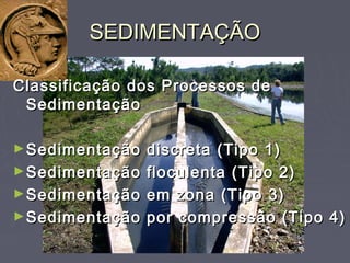 SEDIMENTAÇÃOSEDIMENTAÇÃO
Classificação dos Processos deClassificação dos Processos de
SedimentaçãoSedimentação
►Sedimentação discreta (Tipo 1)Sedimentação discreta (Tipo 1)
►Sedimentação floculenta (Tipo 2)Sedimentação floculenta (Tipo 2)
►Sedimentação em zona (Tipo 3)Sedimentação em zona (Tipo 3)
►Sedimentação por compressão (Tipo 4)Sedimentação por compressão (Tipo 4)
 