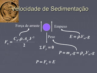 Peso
EmpuxoForça de arraste
EFP a +=
∑ = 0yF
gVgmP olpp ... ρ==
gVE ol ..ρ=
2
... 2
VAC
F pd
a
ρ
=
Velocidade de SedimentaçãoVelocidade de Sedimentação
 
