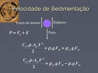 Peso
Empuxo
EFP a +=
olpol
pd
VgVg
VAC
....
2
... 2
ρρ
ρ
=+
ololp
pd
VgVg
VAC
....
2
... 2
ρρ
ρ
−=
Velocidade de SedimentaçãoVelocidade de Sedimentação
Força de arraste
 