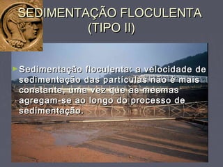 SEDIMENTAÇÃO FLOCULENTASEDIMENTAÇÃO FLOCULENTA
(TIPO II)(TIPO II)
►Sedimentação floculenta: a velocidade deSedimentação floculenta: a velocidade de
sedimentação das partículas não é maissedimentação das partículas não é mais
constante, uma vez que as mesmasconstante, uma vez que as mesmas
agregam-se ao longo do processo deagregam-se ao longo do processo de
sedimentação.sedimentação.
 