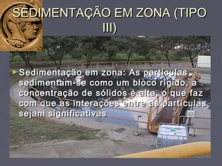 SEDIMENTAÇÃO EM ZONA (TIPOSEDIMENTAÇÃO EM ZONA (TIPO
III)III)
►Sedimentação em zona: As partículasSedimentação em zona: As partículas
sedimentam-se como um bloco rígido, asedimentam-se como um bloco rígido, a
concentração de sólidos é alta, o que fazconcentração de sólidos é alta, o que faz
com que as interações entre as partículascom que as interações entre as partículas
sejam significativassejam significativas
 