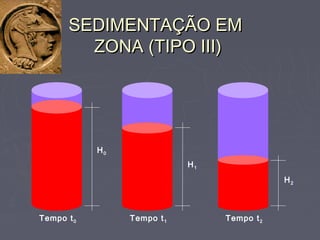 SEDIMENTAÇÃO EMSEDIMENTAÇÃO EM
ZONA (TIPO III)ZONA (TIPO III)
Tempo t0
H0
Tempo t1
H1
Tempo t2
H2
 