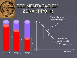 SEDIMENTAÇÃO EMSEDIMENTAÇÃO EM
ZONA (TIPO III)ZONA (TIPO III)
Tempo t0
H0
Tempo t1
H1
Tempo t2
H2
H
Tempo
Velocidade de
sedimentação
Ponto de
compressão
 
