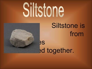 SiltstoneSiltstone is made 					from silt particles 					cemented together. 