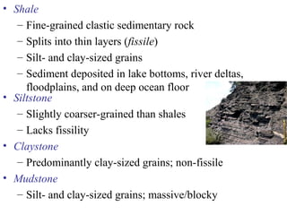 • Shale
– Fine-grained clastic sedimentary rock
– Splits into thin layers (fissile)
– Silt- and clay-sized grains
– Sediment deposited in lake bottoms, river deltas,
floodplains, and on deep ocean floor
• Siltstone
– Slightly coarser-grained than shales
– Lacks fissility
• Claystone
– Predominantly clay-sized grains; non-fissile
• Mudstone
– Silt- and clay-sized grains; massive/blocky
 