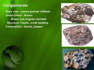 Conglomerate
Grain size : coarse grained >256mm
Usual Colour : Brown
       Shape: sub angular-rounded
  Structure: Clastic, crude bedding
Composition : Quartz, jaspecr
                         
 