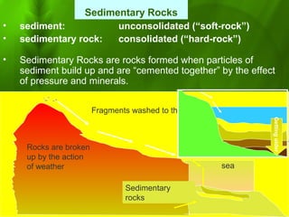 Sedimentary Rocks
• sediment: unconsolidated (“soft-rock”)
• sedimentary rock: consolidated (“hard-rock”)
• Sedimentary Rocks are rocks formed when particles of
sediment build up and are “cemented together” by the effect
of pressure and minerals.
sea
Fragments washed to the sea
Sedimentary
rocks
Rocks are broken
up by the action
of weather
Gettingolder
 