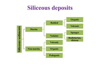 Siliceoussediments
Marine
Bedded
Organic
Volcanic
Nodular
Sponges
Radiolarian,
diatom
Non-marine
Volcanic
Organic
Pedogenic
Siliceous deposits
 